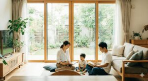 断熱性能の高い樹脂サッシの大きな窓がある、明るいリビングでくつろぐ家族【埼玉の注文住宅】