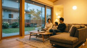 断熱性能の高い樹脂サッシの掃き出し窓がある、明るいリビングでくつろぐ家族の様子