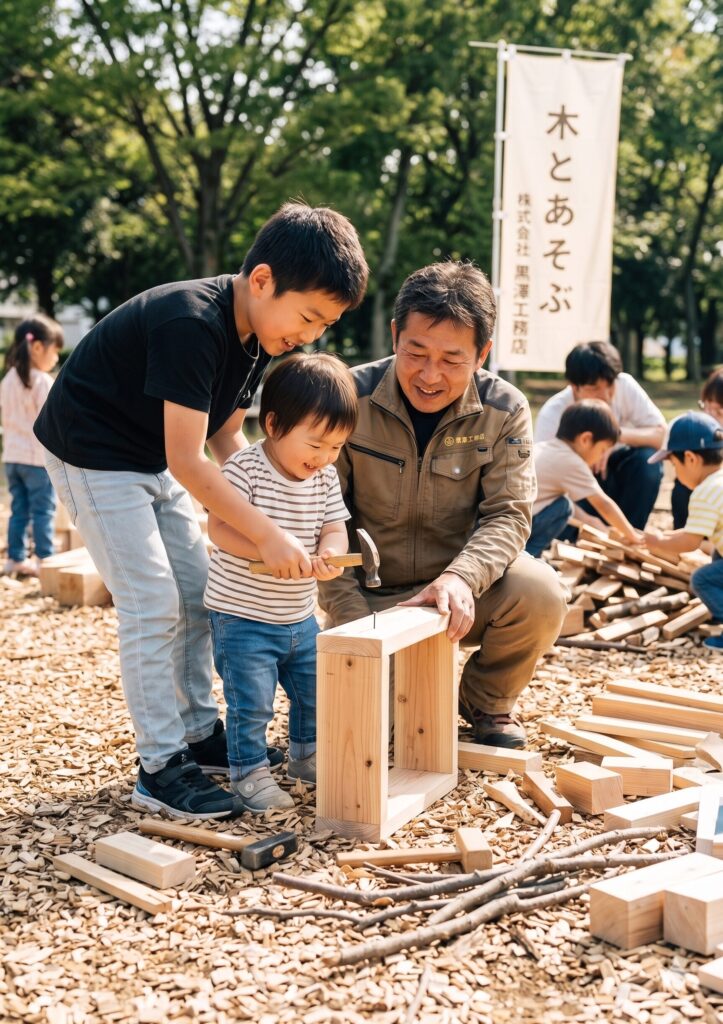 さいたま市南区のイベントで大工さんと木遊びをする子供たち